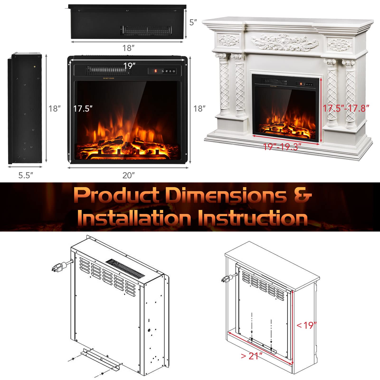 Costway 18 Inch Electric Fireplace Inserts, 1500W Freestanding Recessed Fireplace Heater With Remote Control, Adjustable Flame E